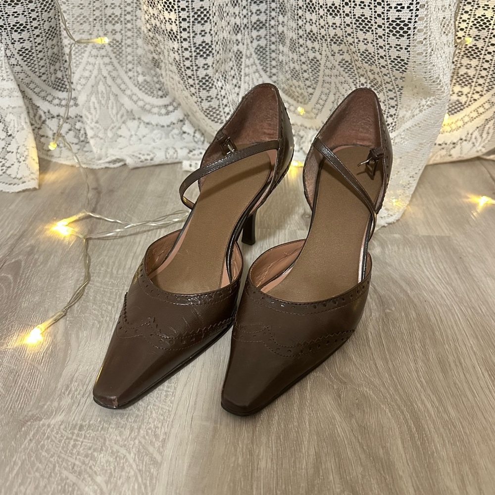 Vintage Brown Pointed Toe Kitten Heels with Strap Y2K Grunge Academia Pumps